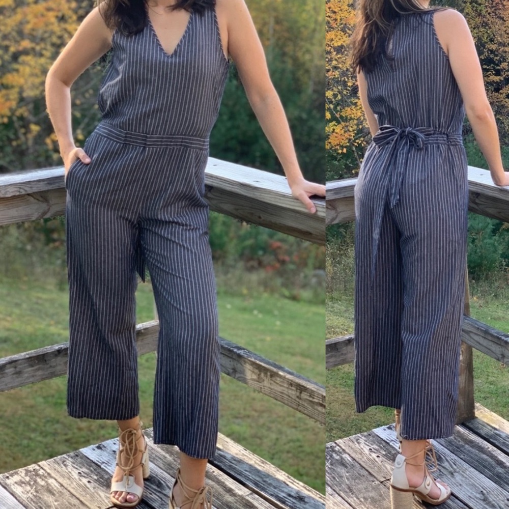 DREW Navy blue & white Striped wide leg Jumpsuit